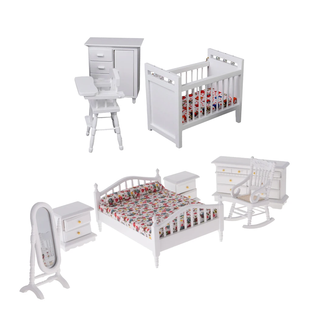 Кукольный домик детская мебель комплект из 9 предметов-детская кроватка, детское сиденье, туалетное зеркало, кресло-качалка и многое