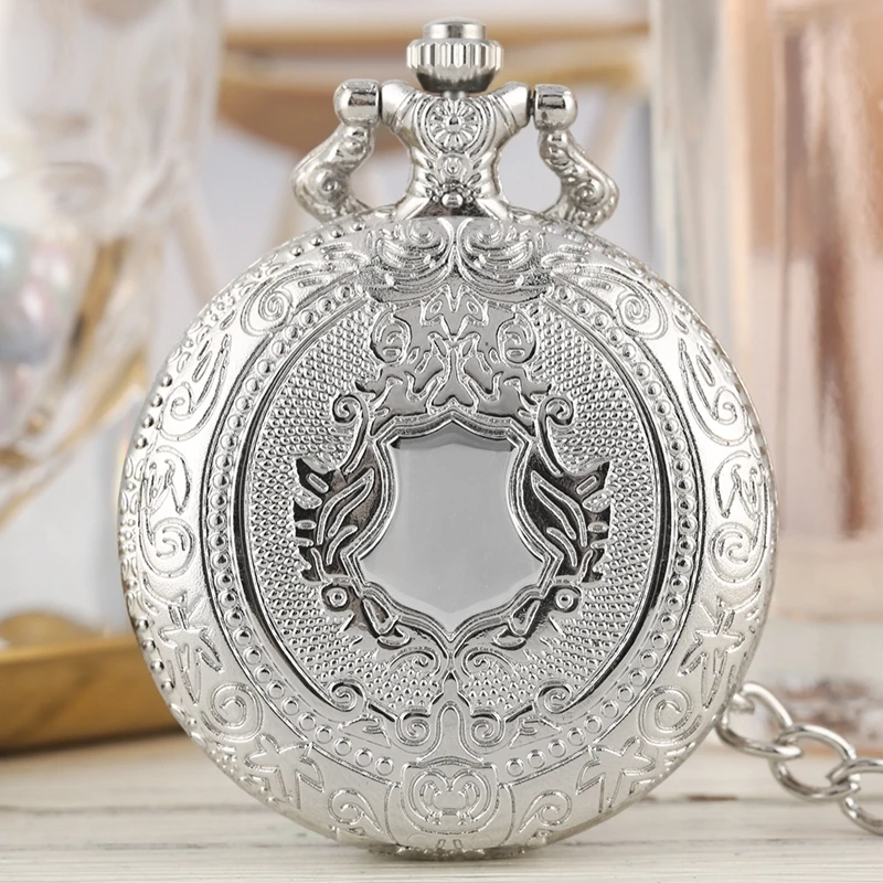 

Luxury Silver Shield Crown Pattern Quartz Pocket Watch Fashion Necklace Pendant Chain Jewelry Gift Steampunk Clock for Men Women