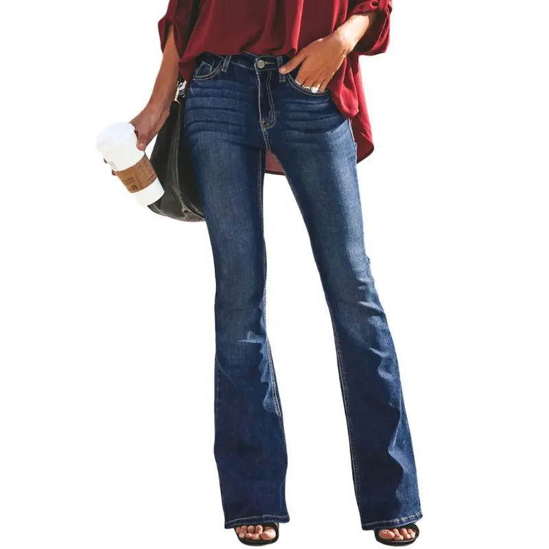 Женские Большие размеры классические расклешенные джинсы с высокой талией 70s Модные Ретро широкие ультра длинные брюки-клёш винтажные повседневные тонкие - Цвет: Deep Blue
