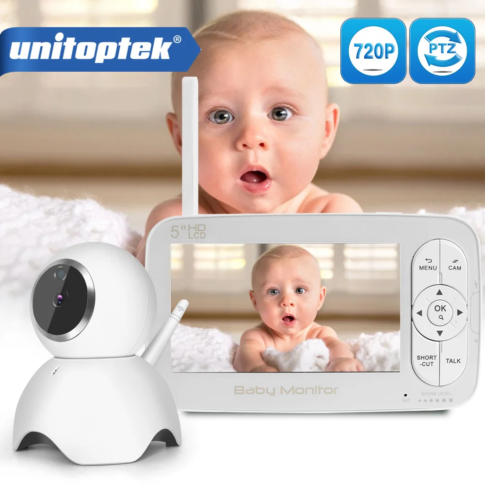 2.4G Wireless 720P Baby Monitor PTZ HD 5 inch Schermo LCD A Due Vie Audio Suono di Allarme di Tempe