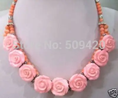 

FREE SHIPPING>>>@ Wholesale>>>100% handmade Natural pink Coral carved Rose Flower necklace