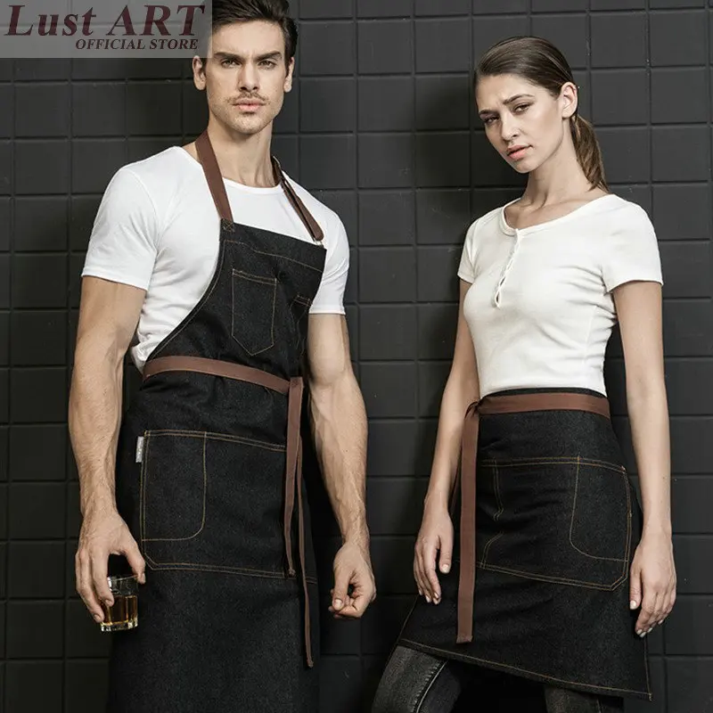 Women men sexy denim work aprons for woman sexy solid black denim apron
