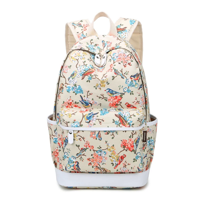 Women Canvas Backpack with Drawings Bird Printing School Bags for Teenage Girls Travel Bag Rucksack Flower