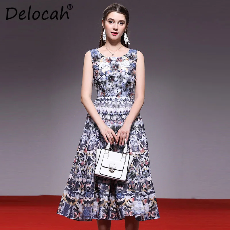 

Delocah Women Spring Summer Dress Runway Fashion Designer Sleeveless Gorgeous Beading Printed Elegant Slim Knee-Length Dresses