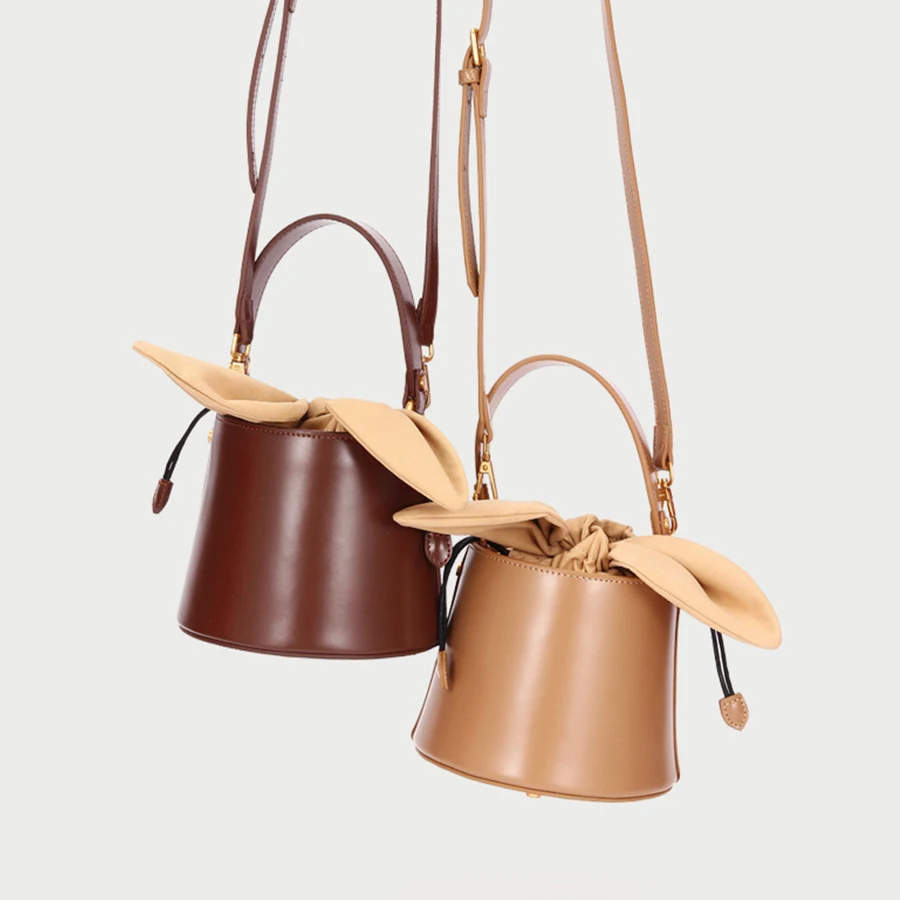 

Vinatge Genuine Leather Buckets Bags For Women Bow Shoulder Bags Woman Top-handle Totes Women Handbags Female Messenger Bag 2019