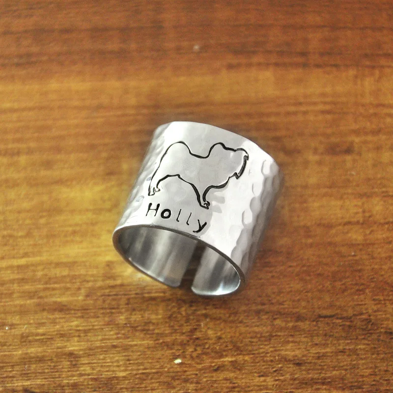 Personalized Hammered Papillon Ring, Custom Dog Adjustable Ring