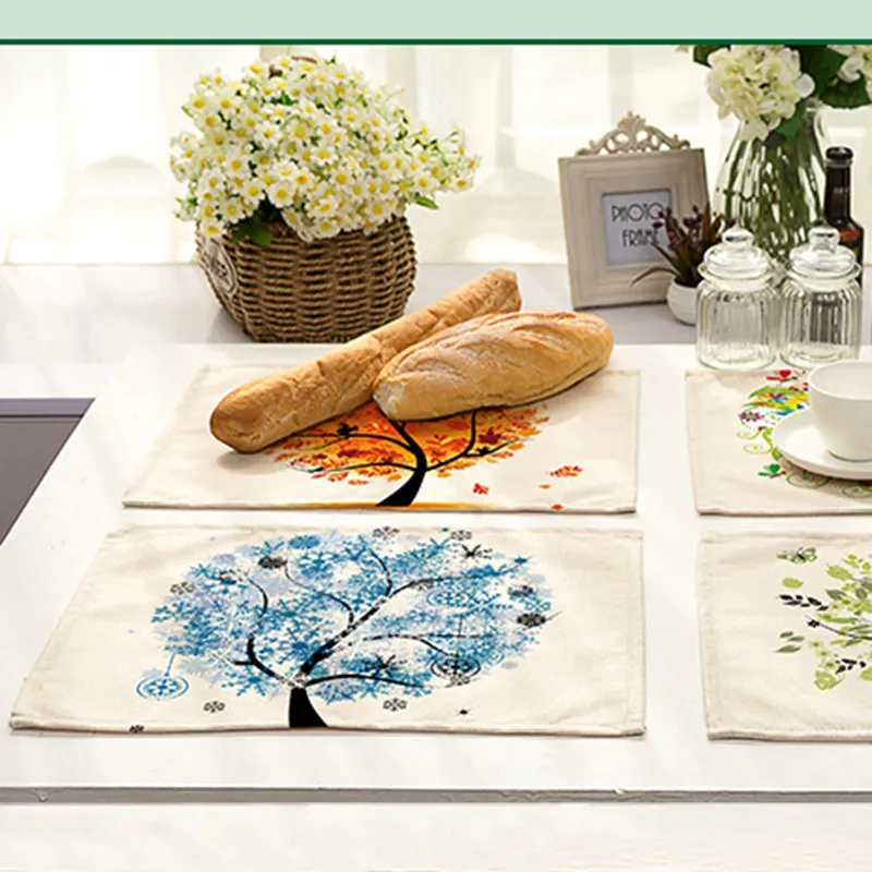الملونة شجرة سعيدة نمط المطبوعة الكتان المفارش مكان حصيرة الجدول حصيرة عشاء كوستر مطبخ accessiories الملونة شجرة سعيدة نمط المطبوعة الكتان المفارش مكان حصيرة الجدول حصيرة عشاء كوستر مطبخ accessiories