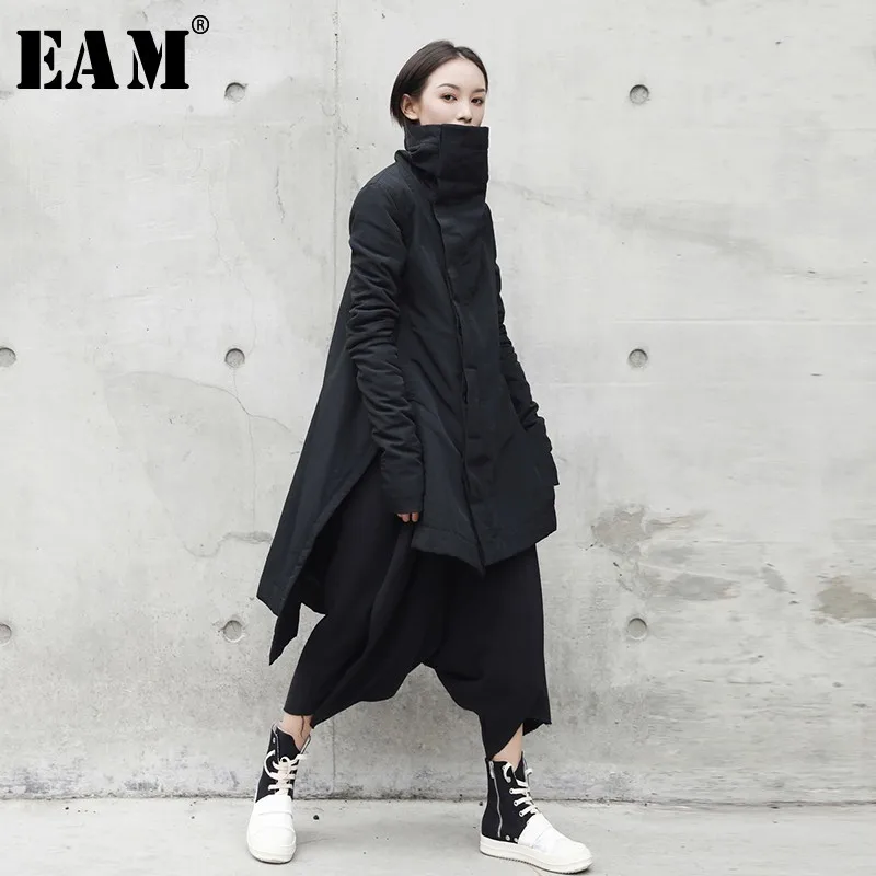  [EAM] 2020 New Fashion Winter Stand Lead Irregular Long Type Cotton-padded Clothes Loose Coat Solid