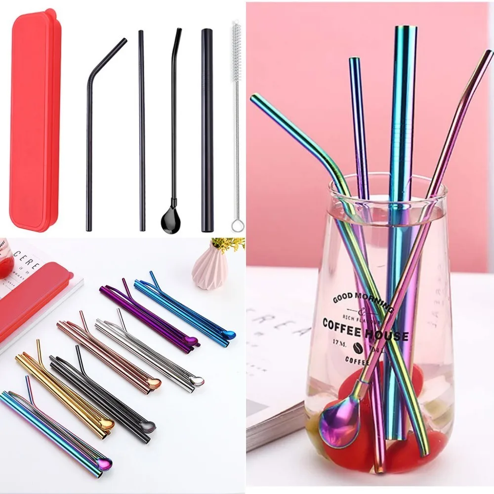 

Reusable High Quality Stainless Steel Metal Drinking Straws With Cleaning Brushes spoon Set Recycle tableware Bar Accessories