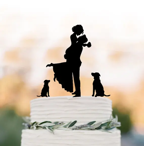 Unica Torta Nuziale Topper Cane, Cake Toppers Con Sposo Sollevamento Sposa, Divertente Torta Nuziale Toppers Silhouette, Due Toppe Torta Cane