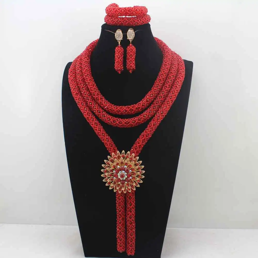 

New Amazing Crystal Red African beads Jewelry Set Handmade nigerian wedding Bridal beads Jewelry Free Shipping W14027