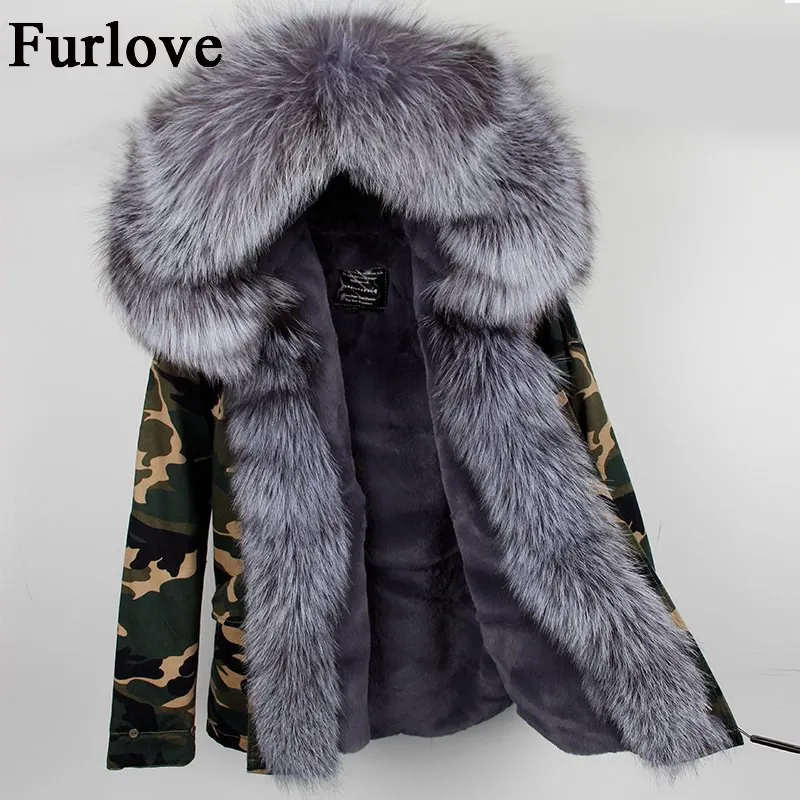 Black army green casual coats vintage real silve fox fur