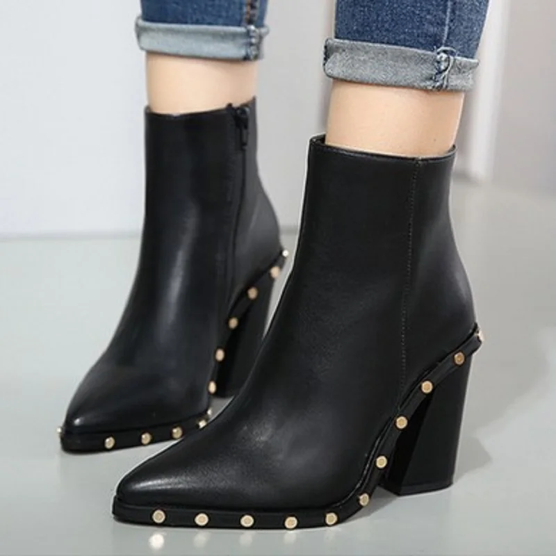 

MoBeiNi Autumn and winter new style rivet thick high-heeled pointed smooth boots women's boots riding equestrian Rivet zipper