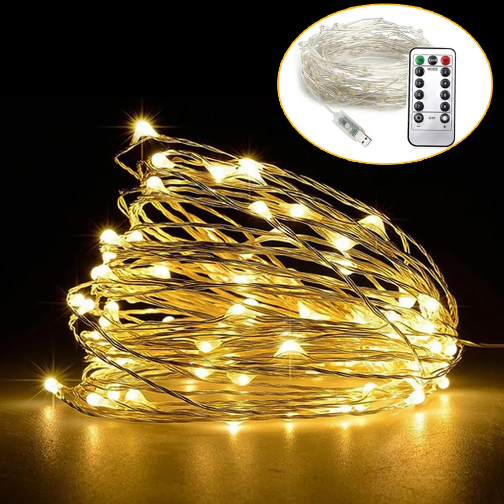 

10M USB LED Copper String Light Fairy Lights Christmas Weddings Party Wedding Decoration Lighting With 8 Mode Remote Controller