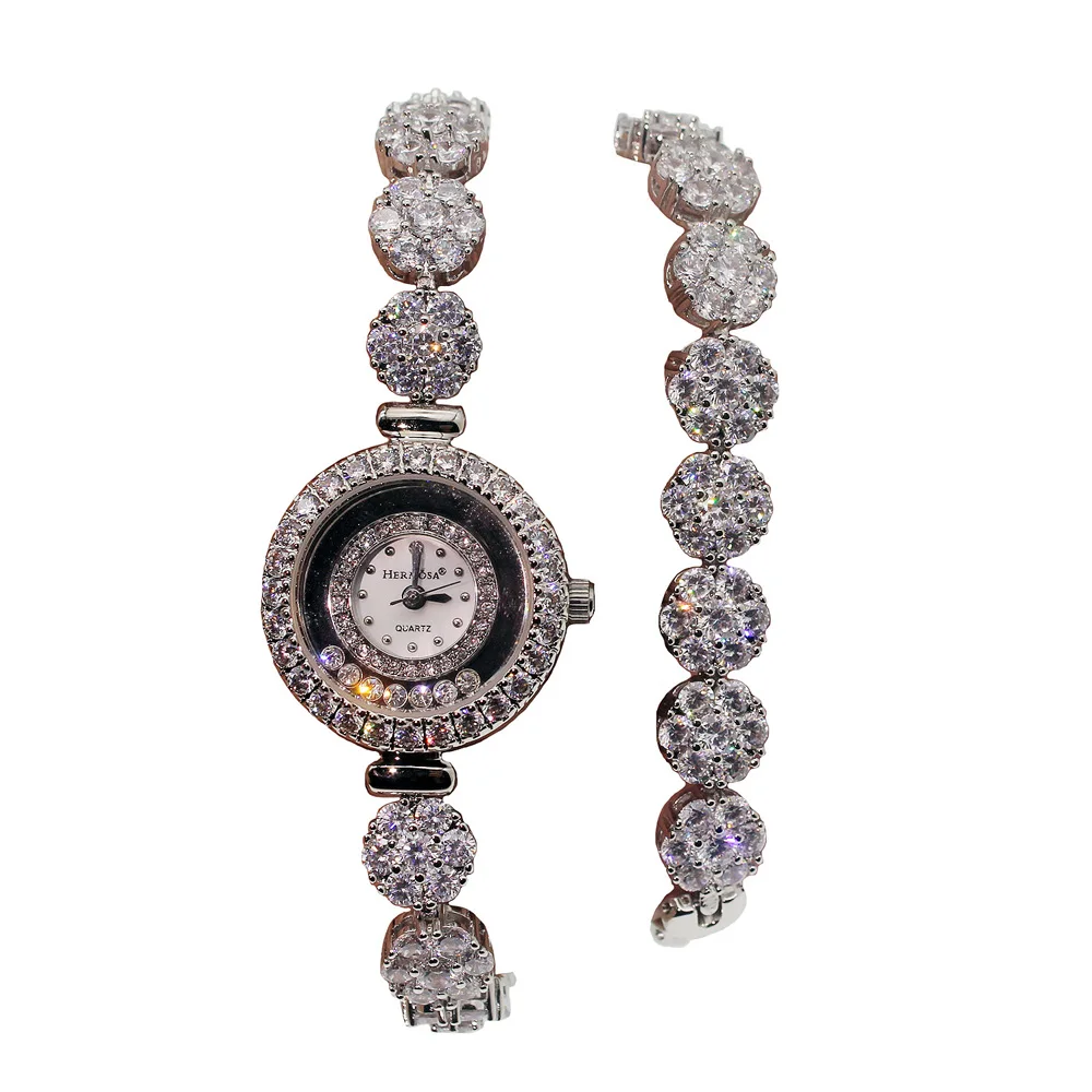 

Shiny Double Chain Flower Style Bracelet 14'' Womens Wristwatch Fashion Watch 7 Inches Long HERMOSA Mother's Day Promotion