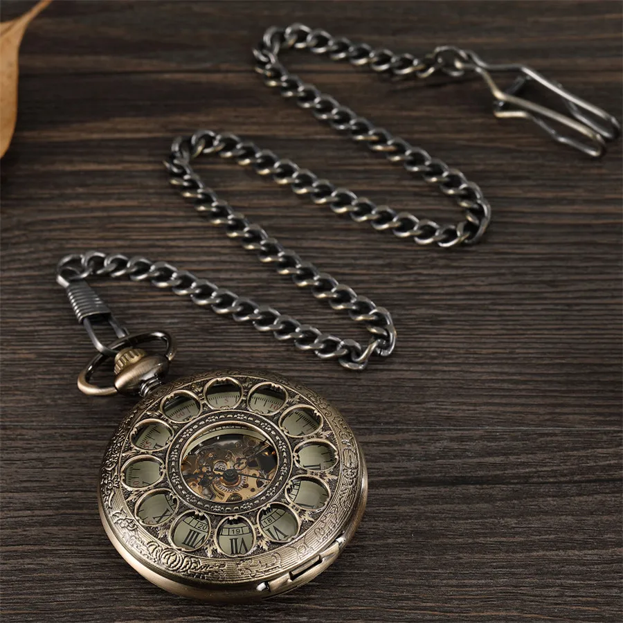 Бронзовые полые винтажные Механические карманные часы для мужчин Скелет резьба стимпанк брелок наручные часы с цепочкой ожерелье для женщин и мужчин подарок