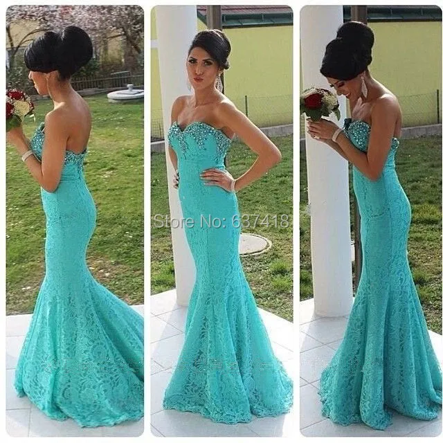 

Abendkleider Turquoise Lace Evening Dress Prom Dress Long Mermaid with Crystals and Stones