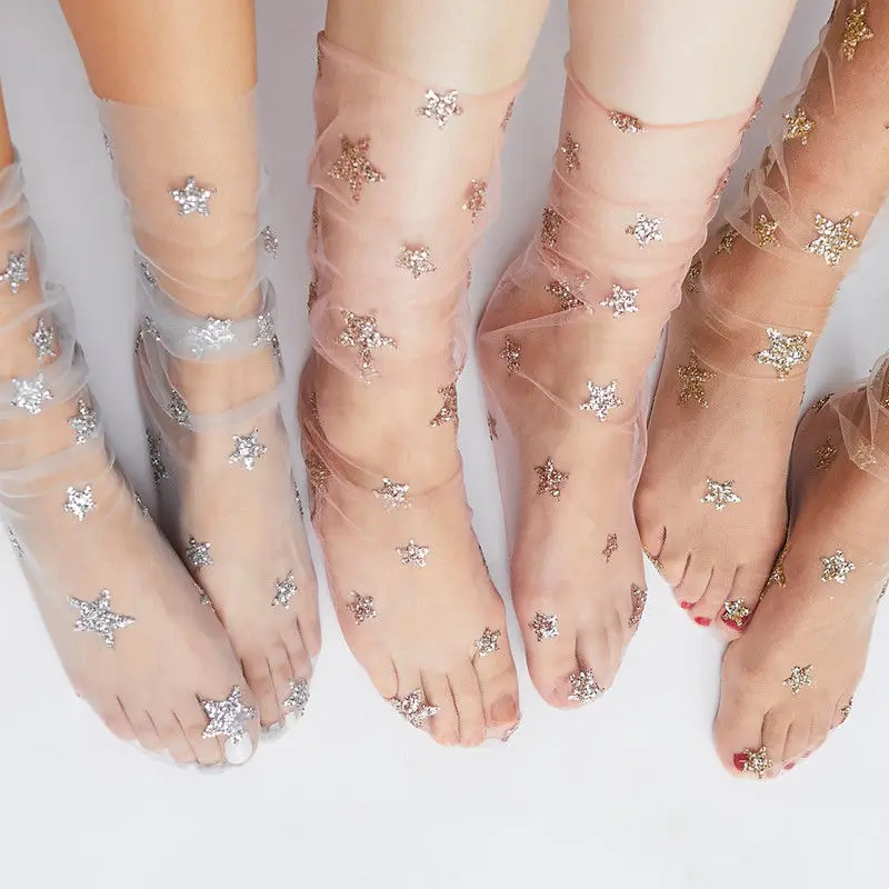 

2018 New Brand Hot Seller Girl women Summer Glitter Thin Casual Soft Star Sheer Mesh Tulle Socks Fishnet Hosiery