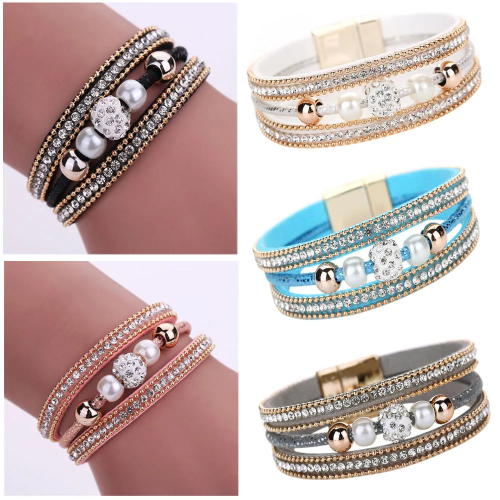 

Bracelets Bangles Women Multilayer Bangle Bracelet Crystal Beaded Leather Bracelets Gift Wristband Femme Homme 2019