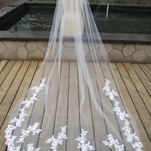 Белая слоновая кость собора Длина Свадебные вуали с кружевными аппликациями Длинная фата невесты Тюль аксессуары для невесты с расческой