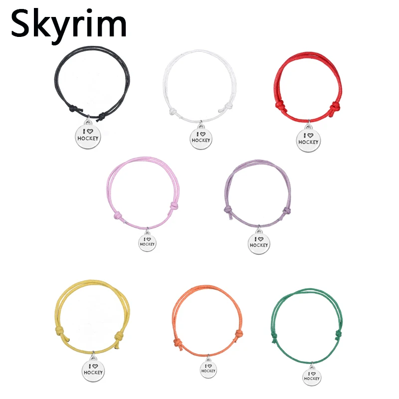 

Skyrim 10pcs/lot Sporty Stylish Wax Cord Adjustable Bracelets With Round Charm I V Hockey Alphabets Eight Colors Choices