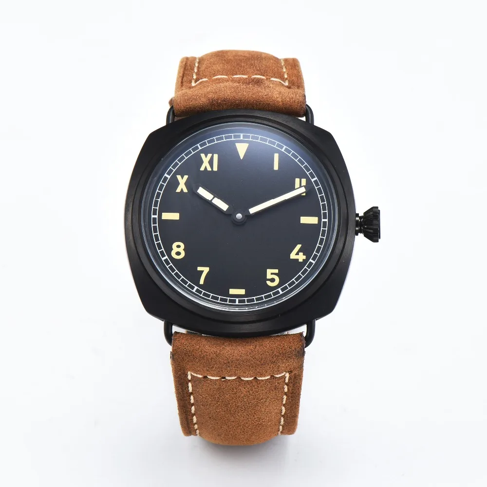 

Parnis 47 mm sterile dial black case brown leather strap Movement 6497 mechanical hand wind men's watch DA-10