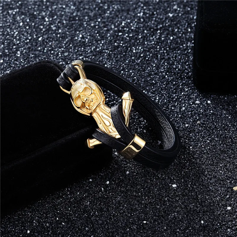 YIZIZAI Модные мужские браслеты золотой Волк череп якорь из нержавеющей стали скобы черные кожаные мужские часы наручные ювелирные изделия