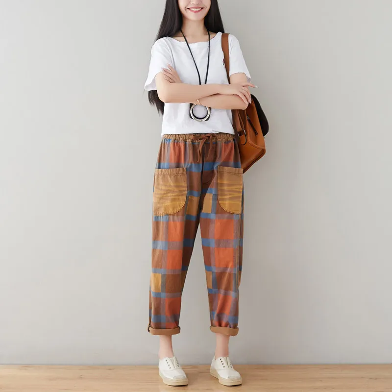 

Spring new vintage plaid pants make old plus size elastic waist personality cotton fanshion casual multi color all matched pants