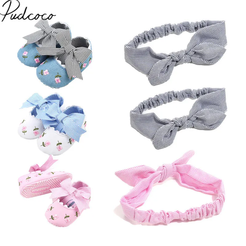 

2018 Brand New Infant Newborn Non-slip Toddler Kids Baby Shoes Headband 2Pcs Girls Soft Sole Cotton Crib First Walkers 0-18M