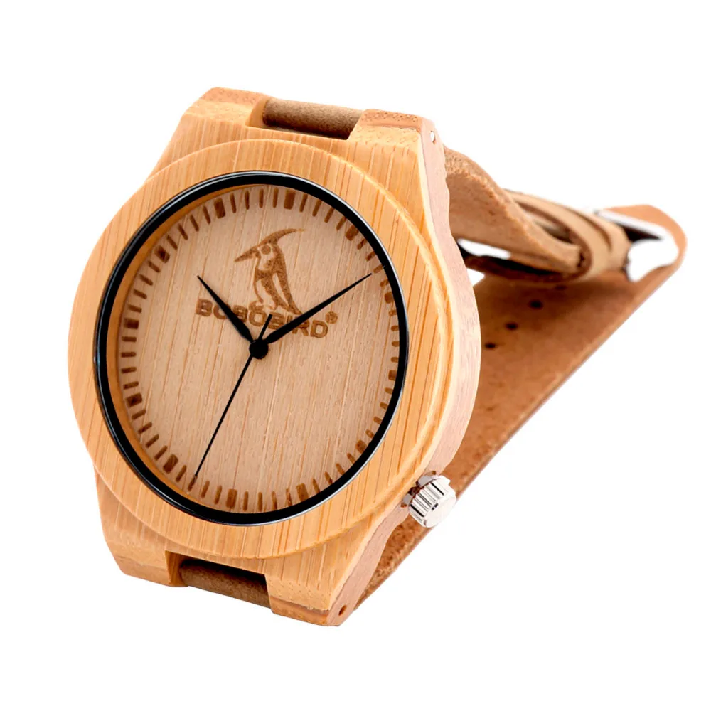 BOBO BIRD Mens Bamboo Wooden Quartz Watches Casual Sport Dress Watches with Real Leather Strap in Gift Box Customizable logo