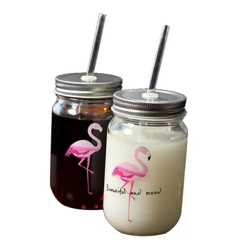 

450ml Hot Flamingo Straw Glass Mason Jar Creative Drinking Cup with Lid and Straw Eco-Friendly Fruit Salad Bottle breakfast Jars