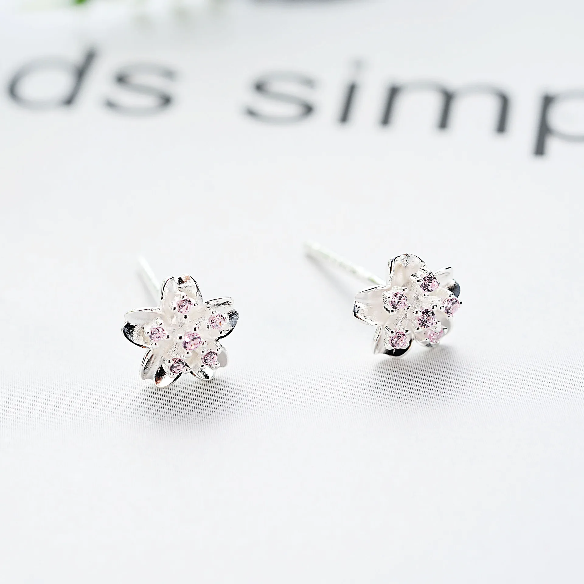 Cherry blossoms pink CZ earring 100% 925 Sterling silver Jewelry fashion Hypoallergenic Stud earrings for women girl gift