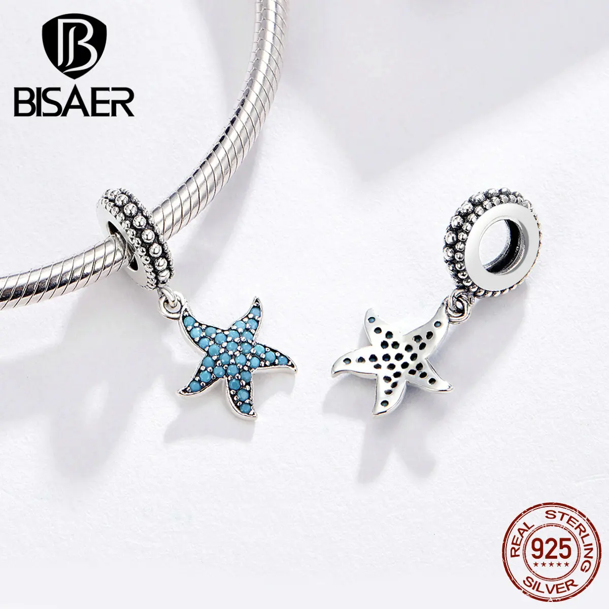 

BISAER Pendant Charms 925 Sterling Silver Blue Starfish Beads Ocean Charms For Women Jewelry Making 925 Snake Bracelet GXC1210
