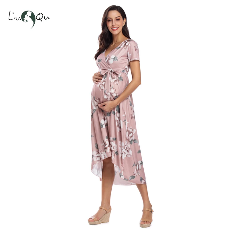 Pregnant Womens Floral Wrap Belt Long Dress V Neck Maternity Summer Maxi Dresses