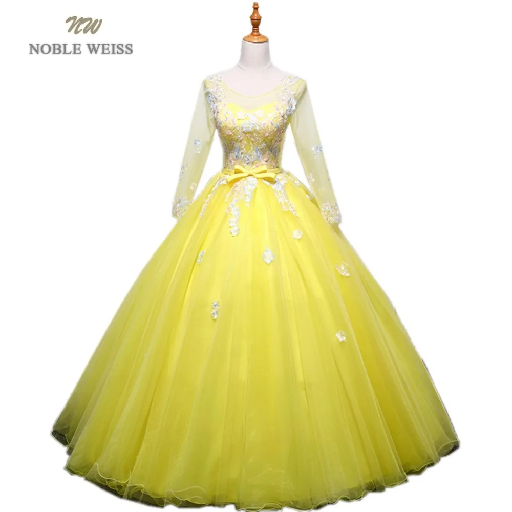 

NOBLE WEISS Ball Gown Quinceanera Dresses Appliques Beading Floor-Length Yellow Organza Formal Prom Dress With Long Sleeves