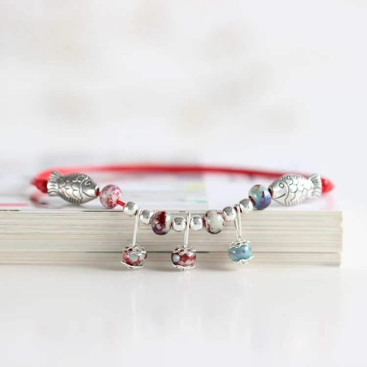 

Red String Anklet for Women Fish Pattern Handmade Braided Rope Charm statement Anklets Ceramic Fashion Jewelry Clolorful Bead