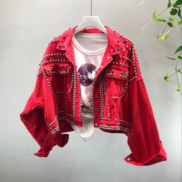 price reduction  Spring Autumn Women's Harajuku Red Denim Jacket Coat Hand Beaded Rivet Short Black Jean Jackets Stu