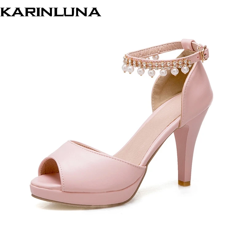 

Karinluna New women's Ankle Strap Spike High Heels String Bead Platform Shoes Woman Casual Summer Sandals Big Size 33-43
