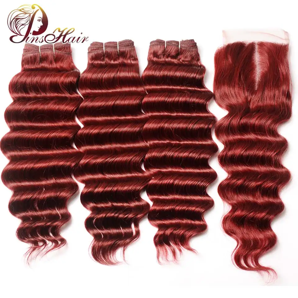 

Pinshair Bold Red Brazilian Hair Loose Deep Wave Bundle With Closure 99J Burgundy Human Hair 3 Bundles Lace Closure No Remy Hair