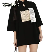 Мода китайский стиль буквы люди короткий рукав костюм женщины свободная хлопковая футболка