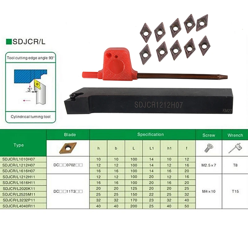 

1pc SDJCR1212H07 Boring Bar with 10pcs DCMT0702 Carbide Insert and Wrench Mayitr For Lathe Turning Tools