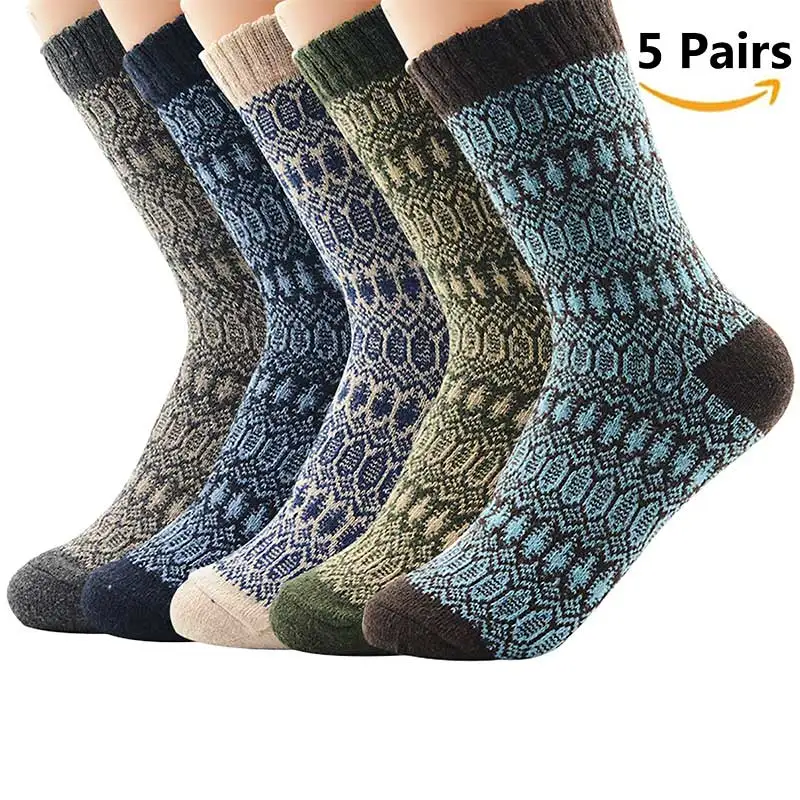 AZUE мужские/женские 5 пар винтажные зимние носки красочные повседневные шерстяные зимние носки с принтом в стиле ретро теплые носки - Цвет: 5 Pack J