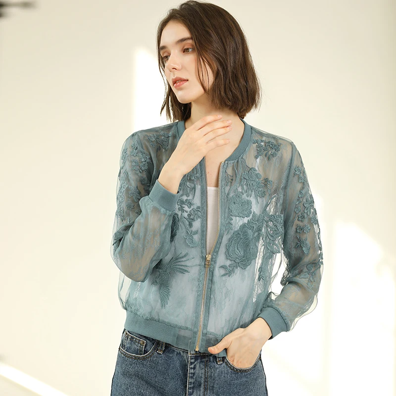 discounted 100% Silk Organza Jacket Women Sunscreen Clothing Embroidery Lightweight Fabric Long Sleeve 3 Color