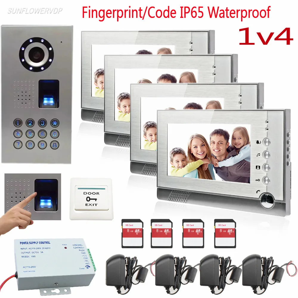 

Fingerprint Video Recording Wired Home Video Intercom IP65 Waterproof Doorphone Monitor For 4 Apartments Video Doorphone System