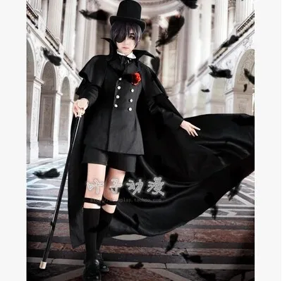 COS Ciel Косплэй аниме Black Butler Хэллоуин похороны платье полный набор 7in1(топ+ Брюки для девочек+ плащ+ пальто+ галстук+ шапка+ глаз Патс