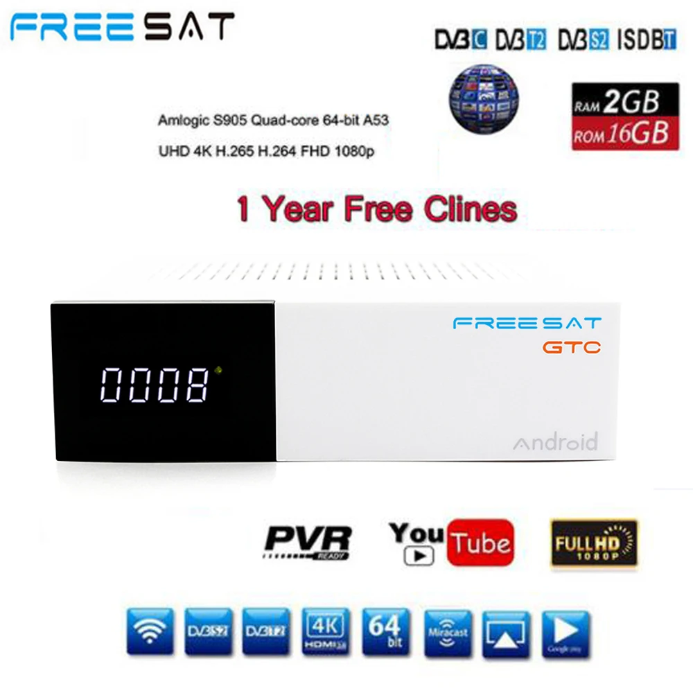 

GT media Freesat GTC Android 6.0 TV BOX DVB-S2/T2/Cable/ISDBT Amlogic S905D 2GB RAM 16GB ROM freesat + 1 year free 4 CCcam IPTV