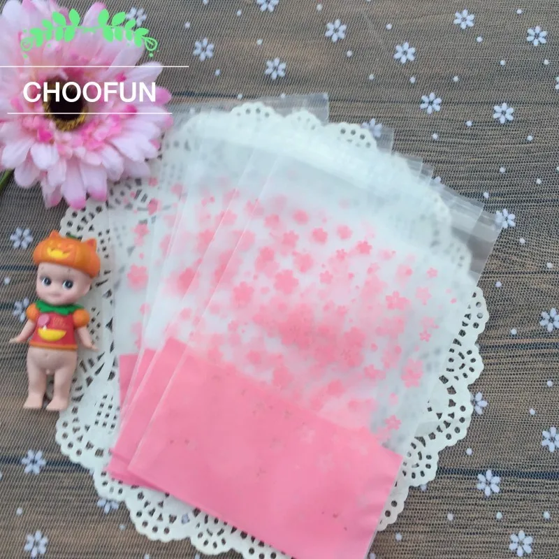 

100pcs/lot Pink Cherry Blossom Transparent Frosted PE Candy Plastic Bags Small Gift and Cookie Packaging bags BZ029