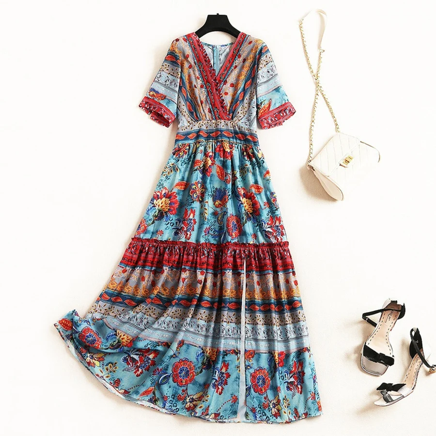 

VERDEJULIAY Luxury Bohemian Dress 2019 Summer New Fashion Runway Beading Diamonds V-Neck Flower Print Long Dress Vestidos