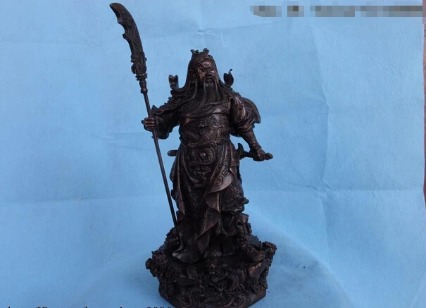 

song voge gem S0775 15 Chinese Red Bronze Copper Nine Dragon Guan Gong GuanYu Warrior Buddha Statue