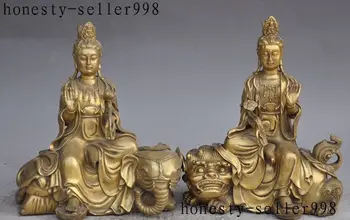 

9"China Buddhism Brass Manjushri Samantabhadra Ride Elephant Lion KwanYin Statue